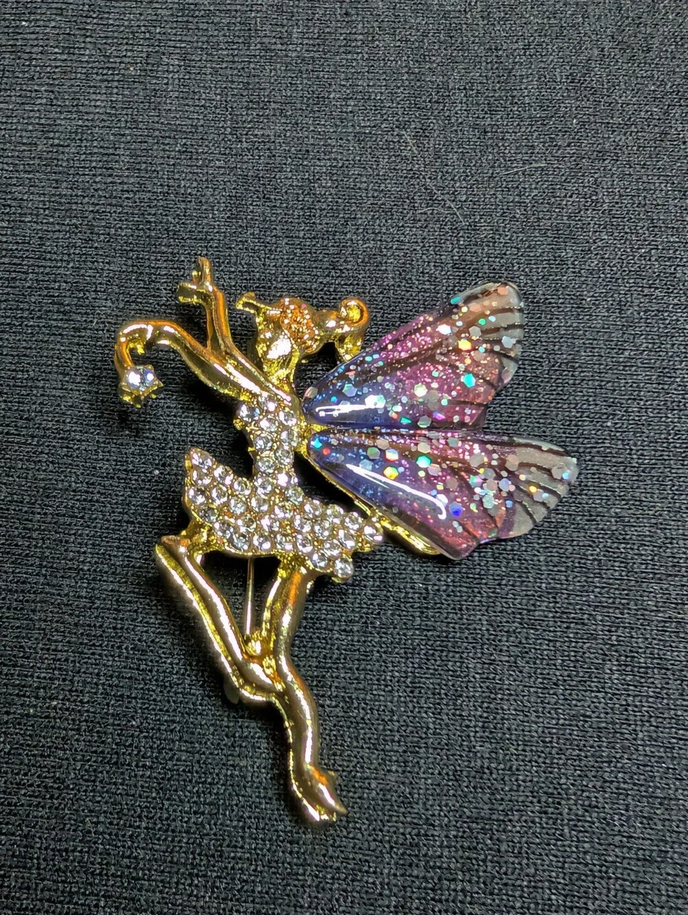 Gold Fairy Brooch with Glitter Pink-Purple Wings